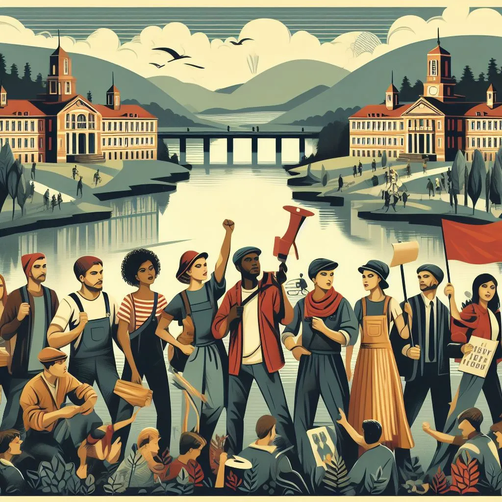 A group of various workers, male and female with a lake and college buildings in the background, constructivist poster style, red tones, simple composition